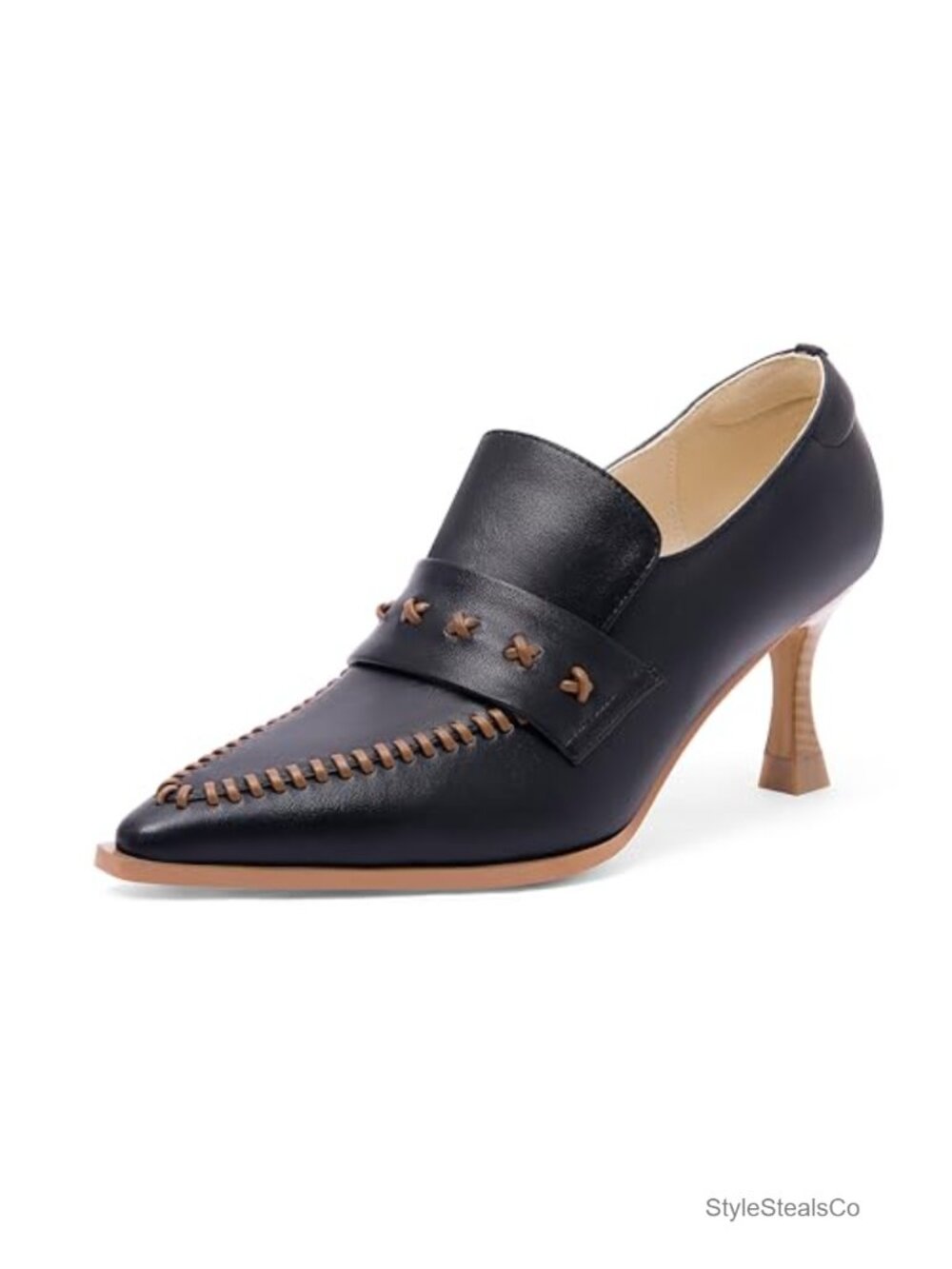 Women's Faux Leather Pointed Toe Kitten Heel Pumps Hand-Stitched Daily Work